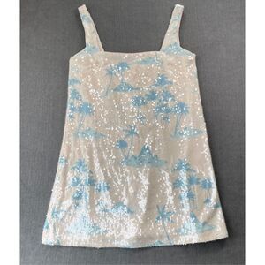 Gianni Bini Sequin Mini Dress Womens 6 White Blue Tropical Palm Resort Party